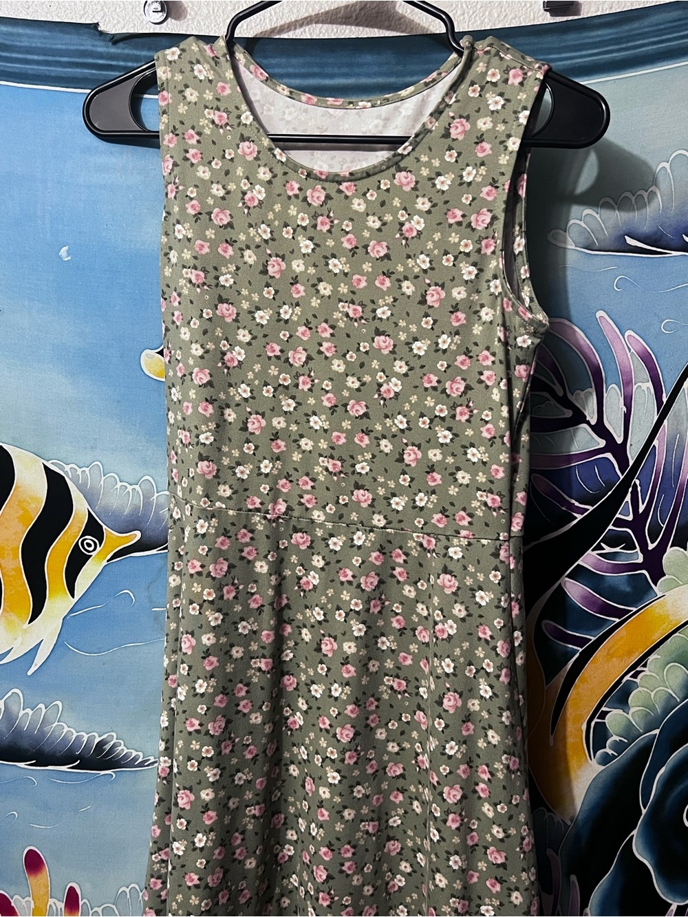 Girls Olive Green Floral Tank Dress with Pink Roses